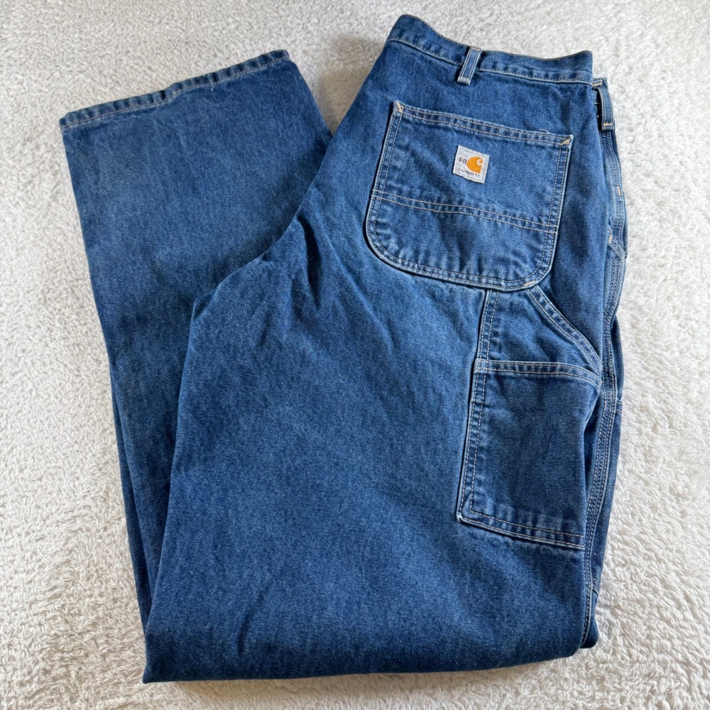 Carhartt Carpenter Jeans Mens 35x34 Blue Excellent FR Flame Resistant FRB13-DNM